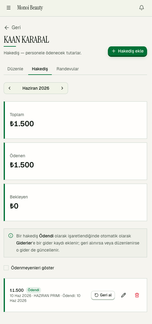Randevia — personel hakedişleri