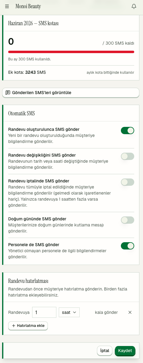 Randevia — SMS ayarları